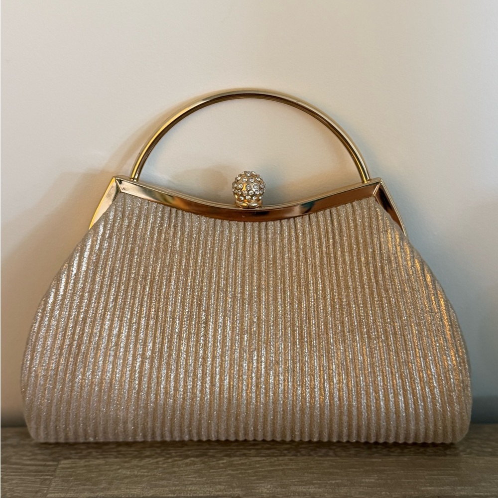 Gold Ribbed Evening Clutch with Pearl Kiss Lock